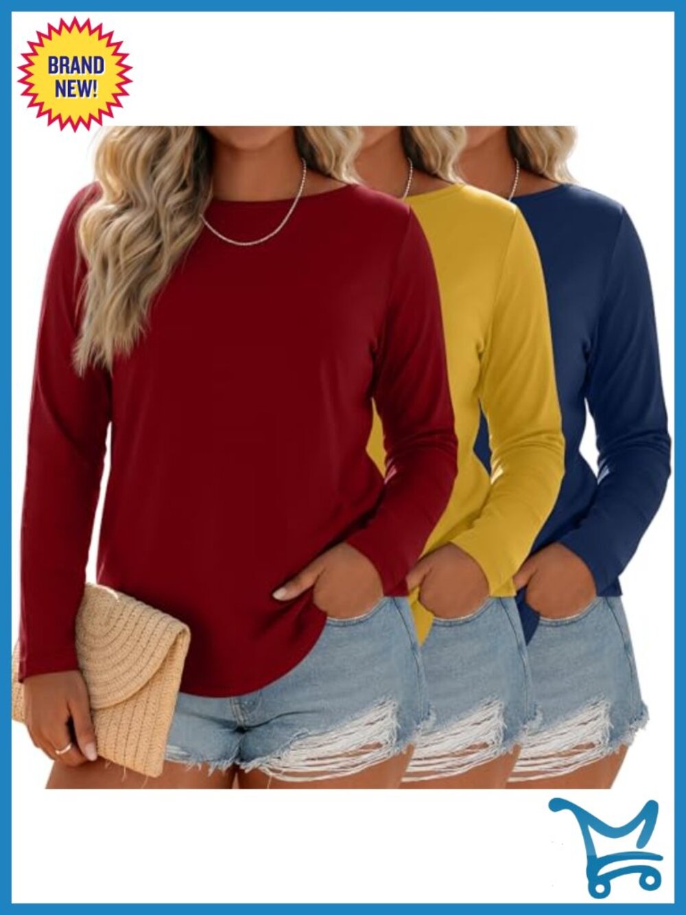 Plus Size Long Sleeve T Shirts Boat Neck Curved Hem 3 Pack Womens Tops